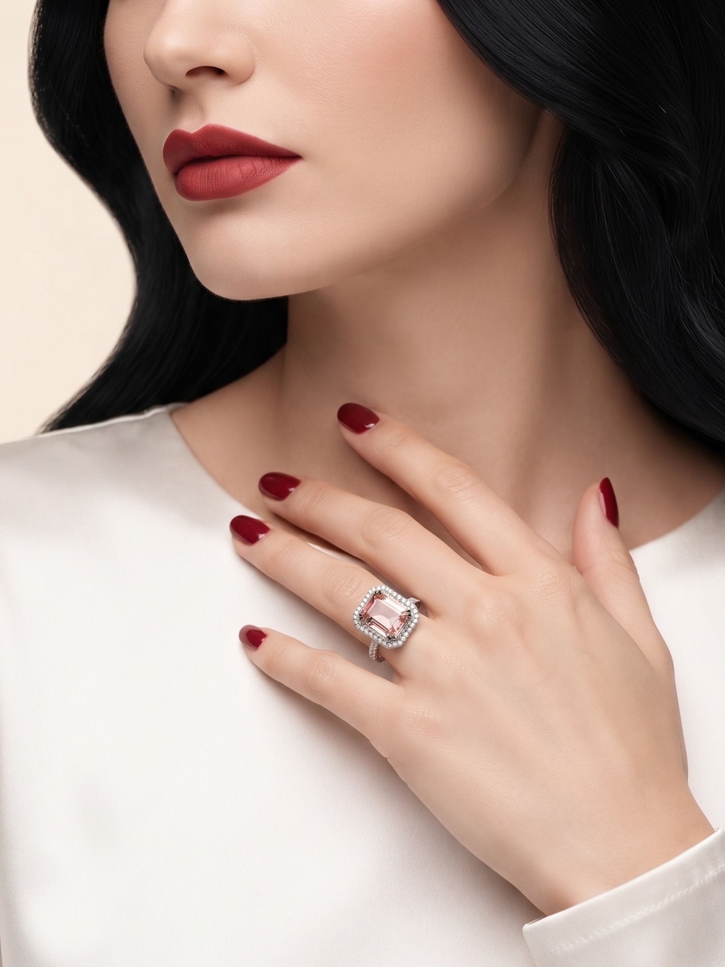 A close-up lifestyle shot of a woman wearing a silver ring with a large rectangular pink gemstone, shown on her finger with her hand resting on her chest.