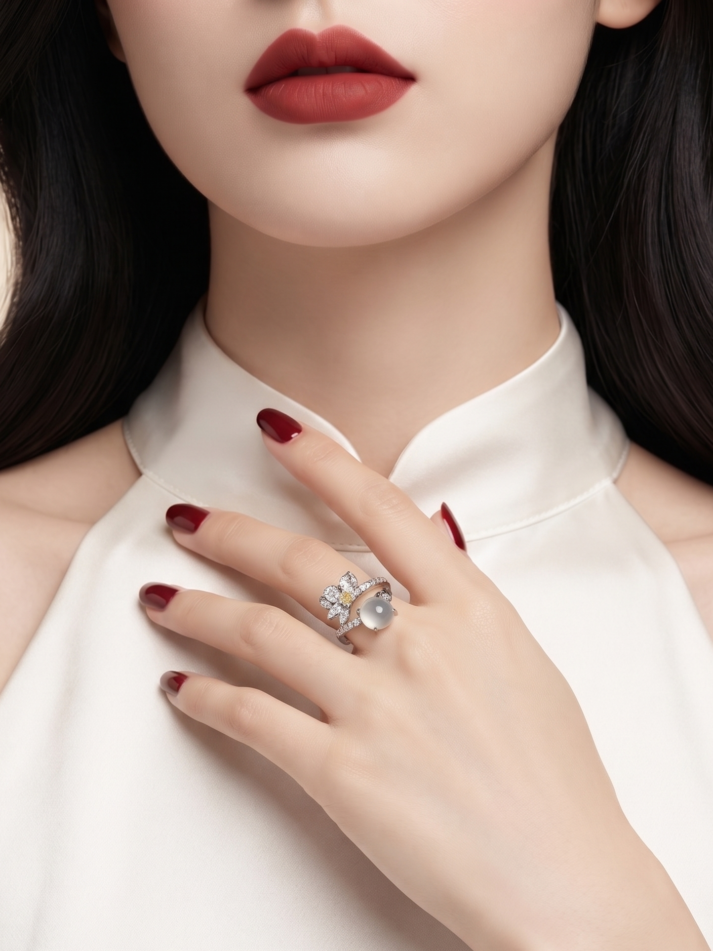A close-up of a woman wearing a silver-toned four-leaf clover ring with clear stones, styled with dark red nail polish and a white high-neck top.