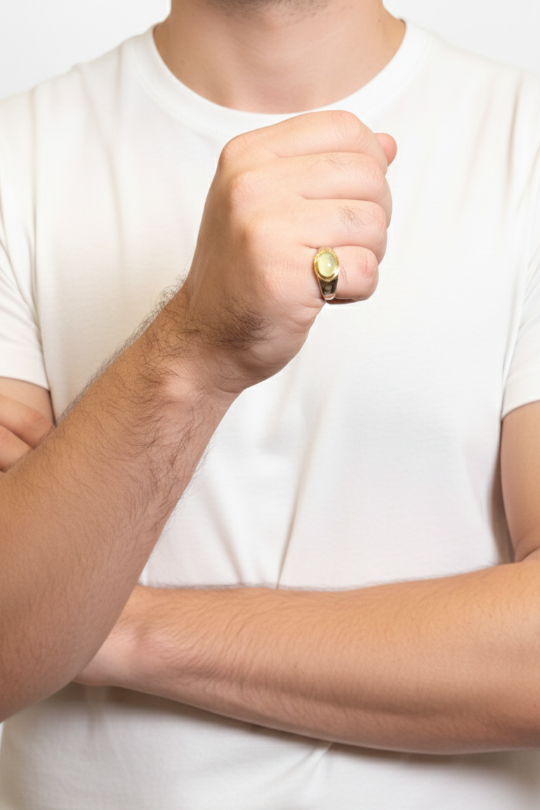 Person wearing a gold ring on a white background