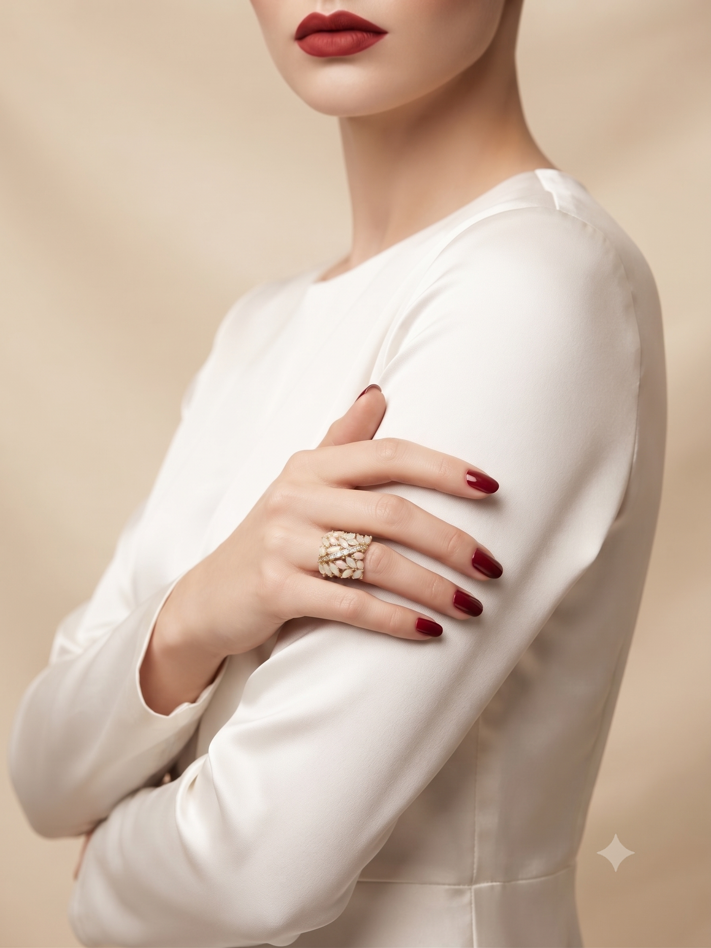 A close-up lifestyle shot of a woman wearing a gold ring with a floral or butterfly-like design on her finger, paired with a white satin top and dark red nail polish against a soft beige background.