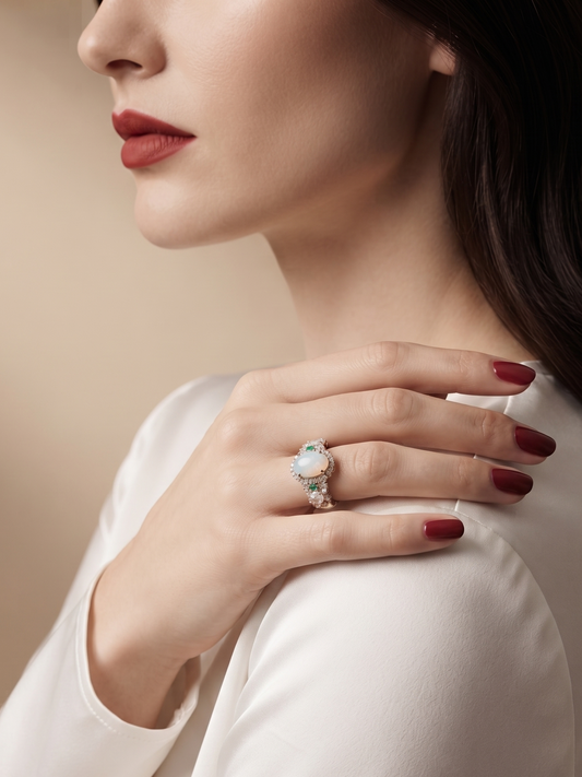 A close-up lifestyle shot of a woman wearing a silver ring with a large white stone, resting her hand on her shoulder. She is wearing a cream-colored satin blouse and has dark red nail polish against a warm beige background.
