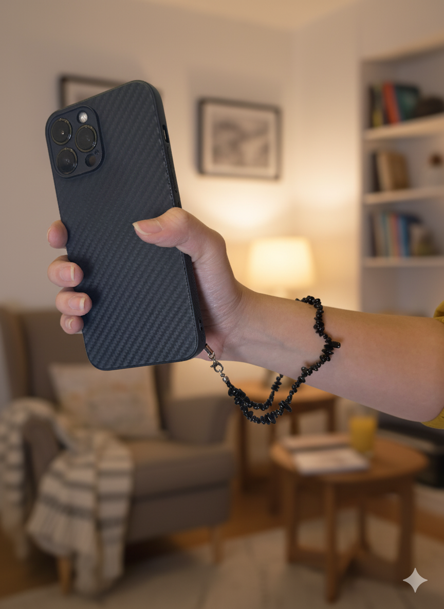 Natural black stone phone charm loop