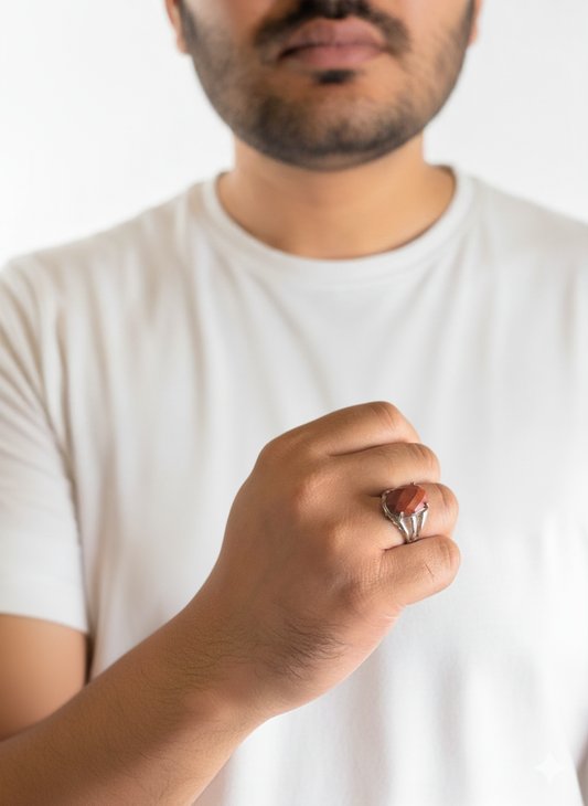 Man wearing a white t-shirt with a close-up of his hand holding a ring.