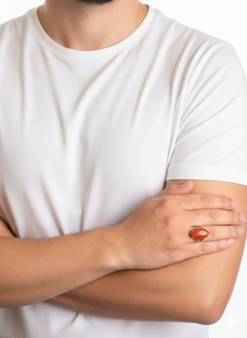 Person wearing a white t-shirt with a red ring on their finger against a white background