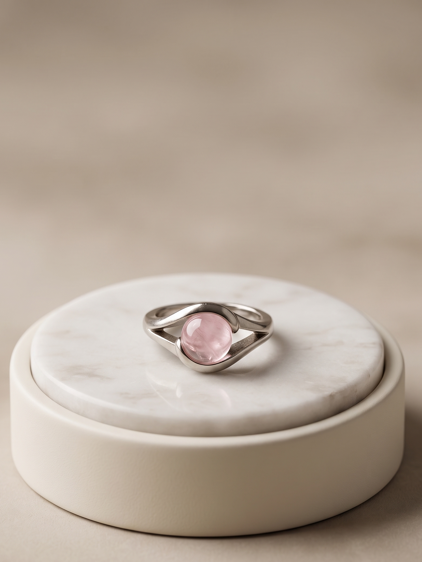 A silver ring with an oval pink gemstone, displayed on a round white marble tray set against a soft beige background.