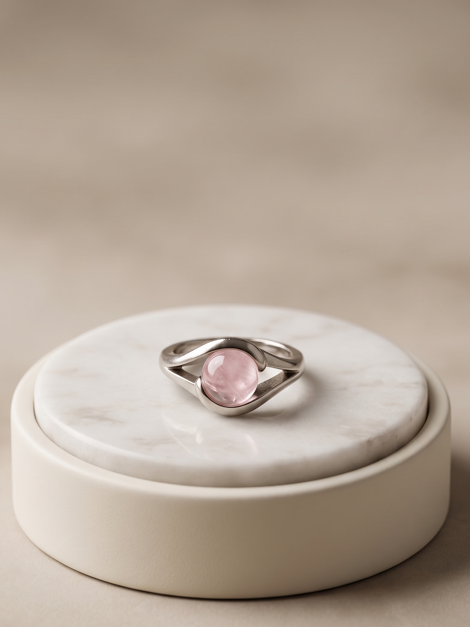 A silver ring with an oval pink gemstone, displayed on a round white marble tray set against a soft beige background.