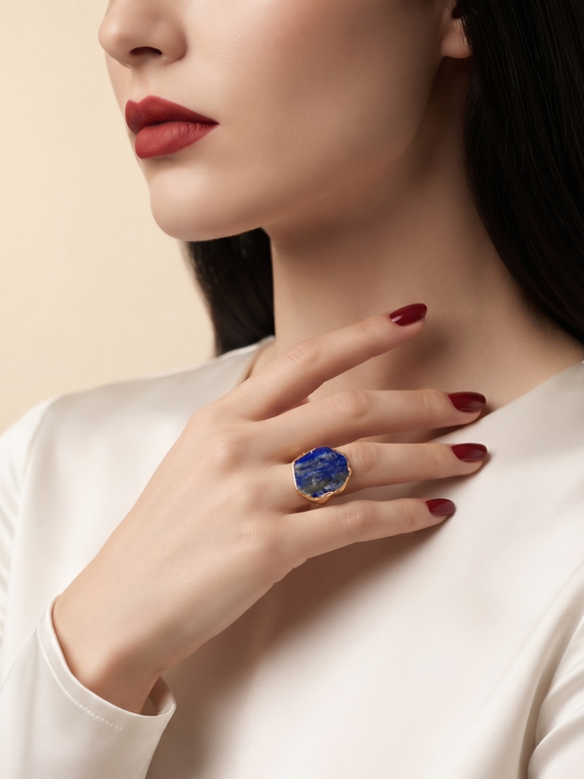 A close-up lifestyle shot of a woman wearing a gold ring with a large, textured blue stone. She is wearing a white satin blouse and has dark red nail polish, set against a soft beige background.