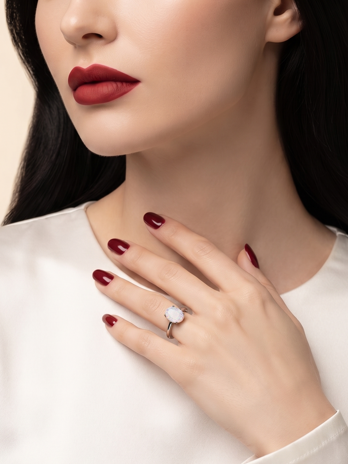 A close-up lifestyle shot of a woman wearing a silver ring with a round white gemstone, styled with dark red lipstick and manicured nails on a white satin blouse.