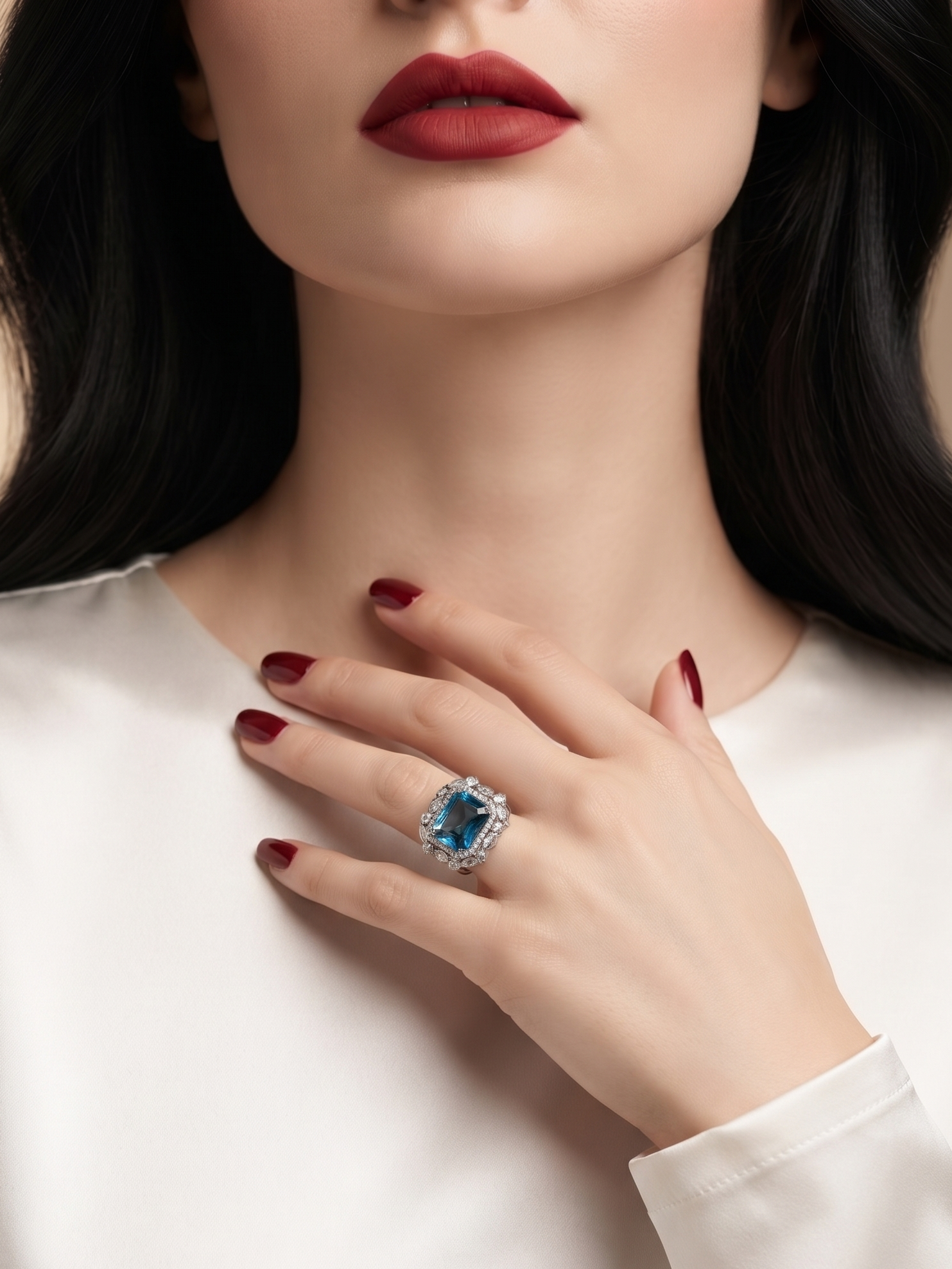 A close-up of a woman wearing a silver ring with a rectangular blue gemstone and small clear stones, styled with dark red lipstick and dark hair against a soft beige background.