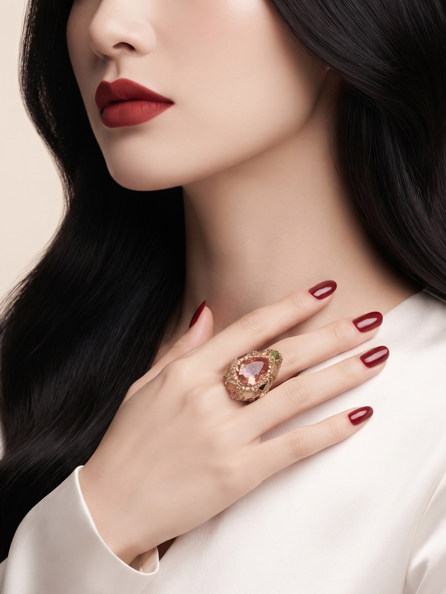 A close-up lifestyle shot of a model wearing a large gold ring with a heart-shaped pink gemstone, styled with dark red lipstick and manicured nails on a cream satin top.