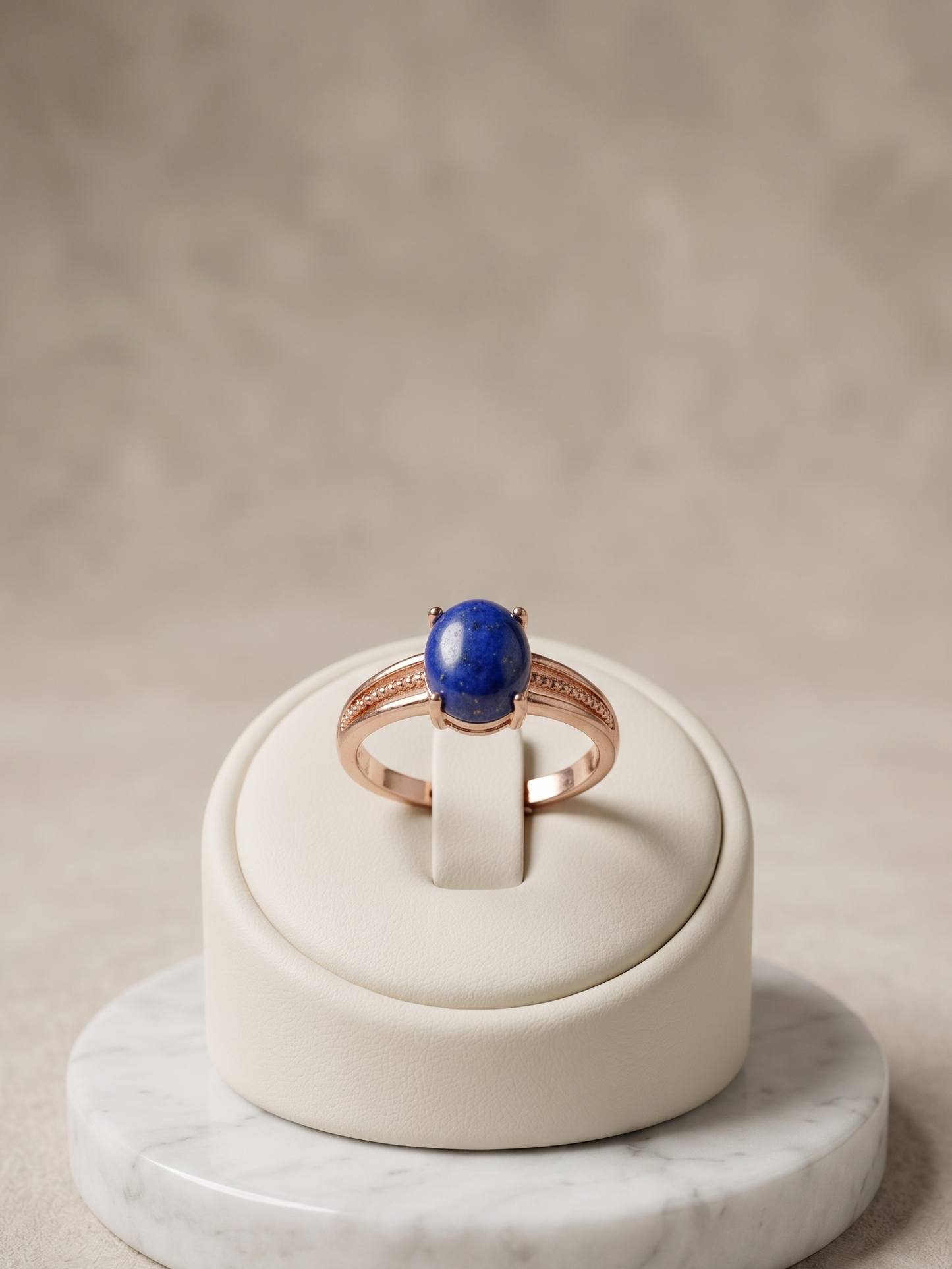 A rose gold ring with a round blue lapis lazuli stone, displayed on a cream-colored jewelry stand with a white marble base against a textured beige background.