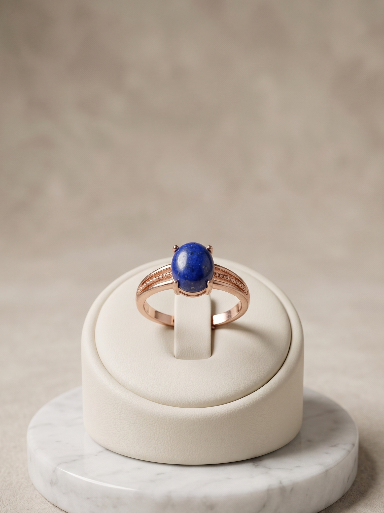 A rose gold ring with a round blue lapis lazuli stone, displayed on a cream-colored jewelry stand with a white marble base against a textured beige background.