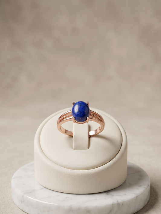A rose gold ring with a round blue lapis lazuli stone, displayed on a cream-colored jewelry stand with a white marble base against a textured beige background.