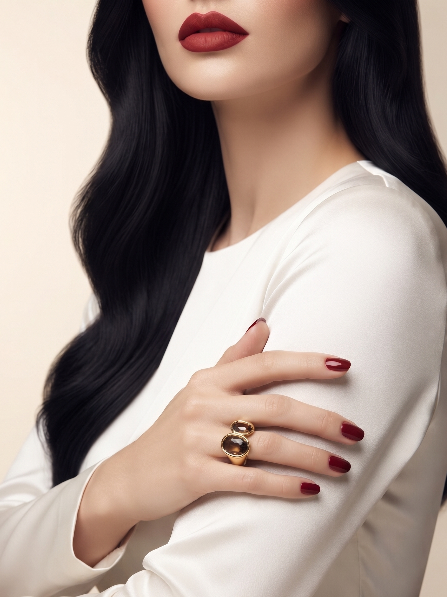 A close-up of a woman wearing a gold ring with a large oval black stone on her hand, which is resting on her white satin-sleeved blouse. She has long, wavy black hair and dark red lipstick.