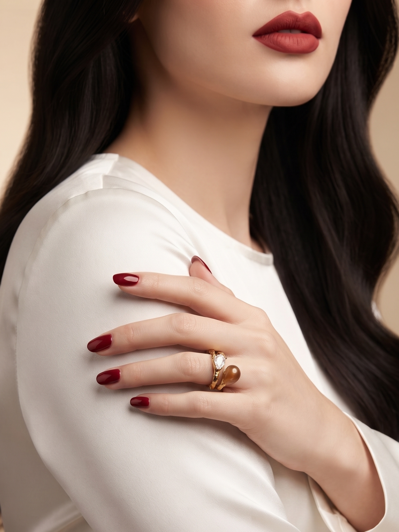A close-up of a woman wearing a white satin long-sleeve top and a gold ring with a heart-shaped stone on her hand, set against a warm beige background.