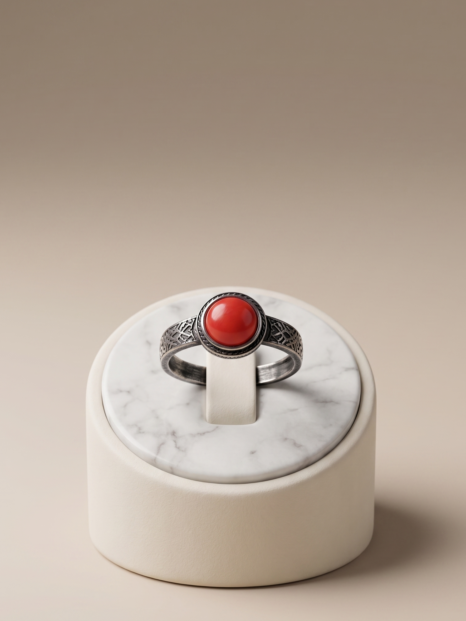 A silver ring with a round red cabochon gemstone, displayed on a white marble and cream ceramic ring stand against a warm beige background.