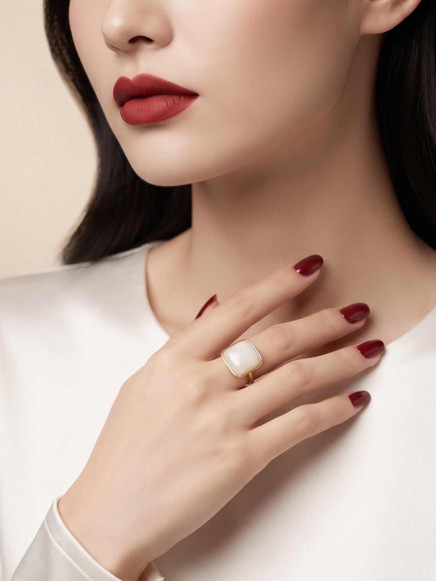 A close-up lifestyle shot of a model wearing a large white oval ring with a gold band, styled with dark red lipstick and manicured nails on a white satin top.