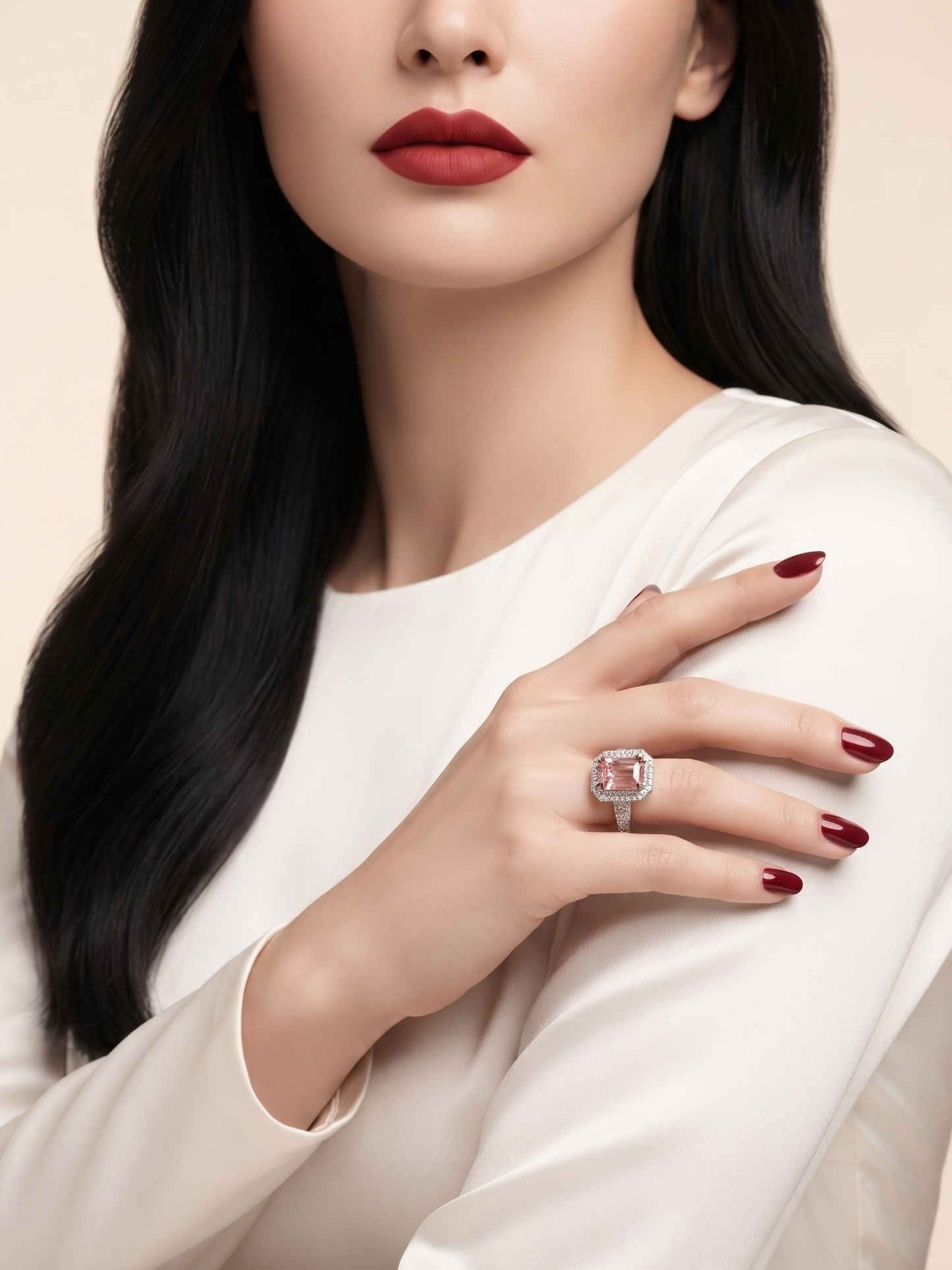 A close-up of a woman wearing a silver-toned ring with a large cushion-cut pale pink gemstone on her finger, paired with a cream satin long-sleeve top and dark red nail polish against a warm beige background.