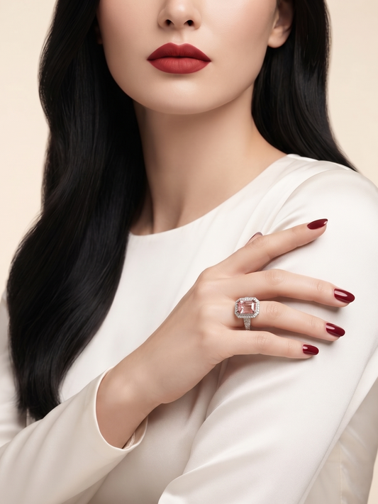 A close-up of a woman wearing a silver-toned ring with a large cushion-cut pale pink gemstone on her finger, paired with a cream satin long-sleeve top and dark red nail polish against a warm beige background.