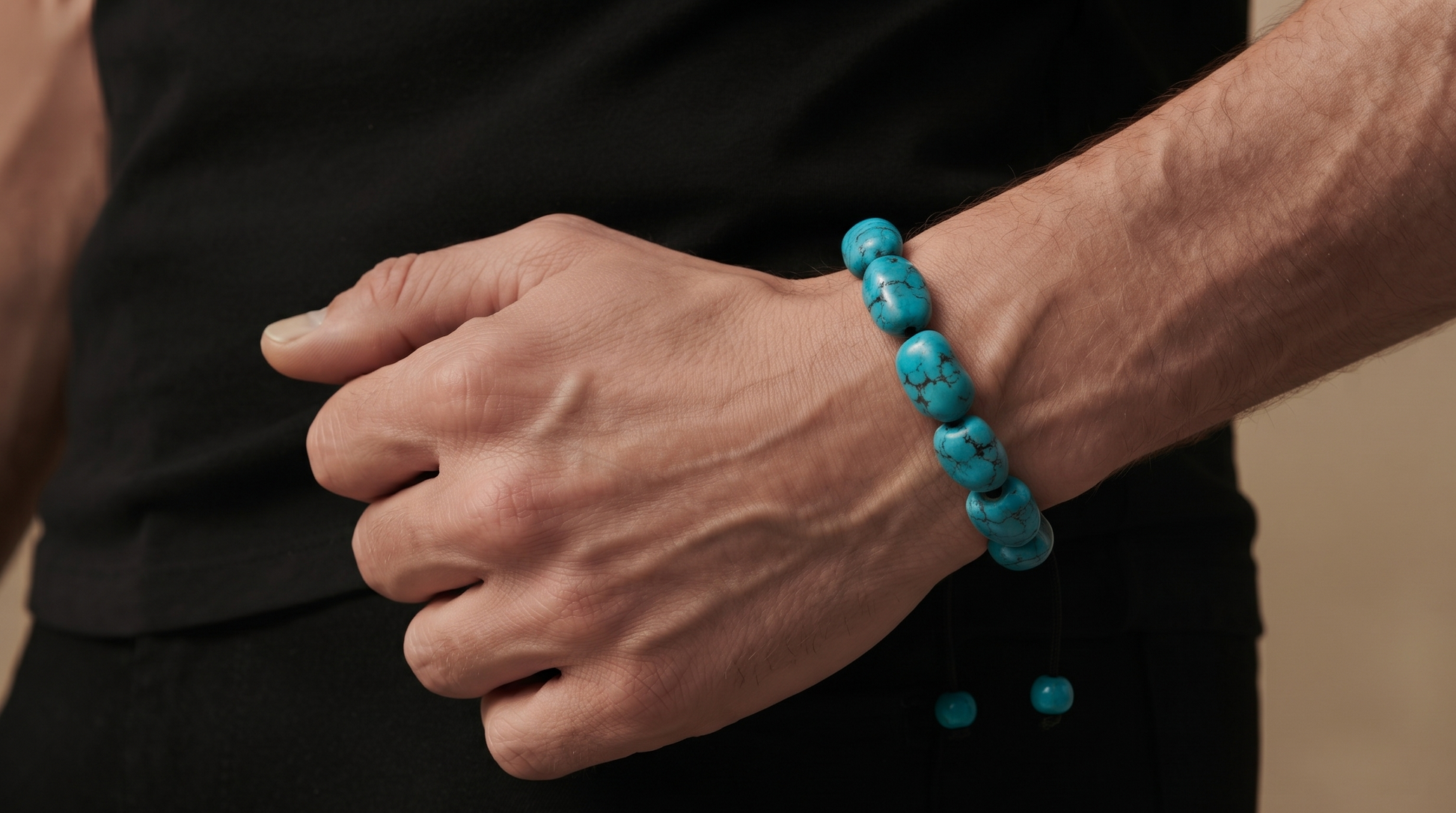 A close-up of a person's wrist wearing a turquoise beaded bracelet, with the hand resting near the waist against a dark shirt and neutral background.