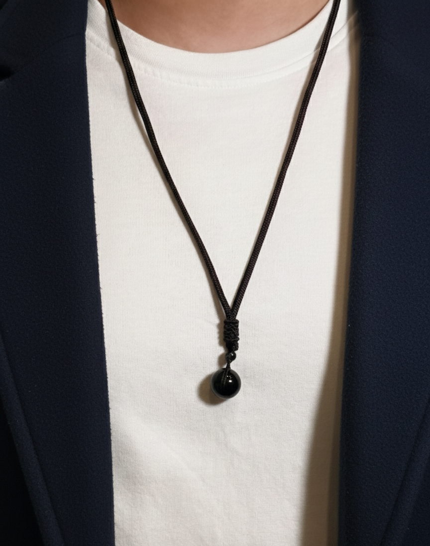 Black necklace with a pendant worn by a person in a white shirt and dark jacket.