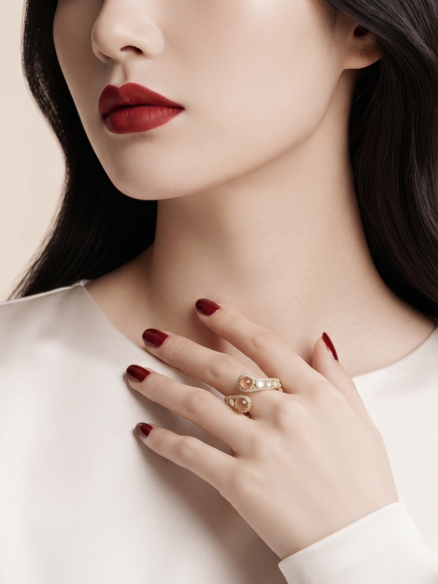 A close-up lifestyle shot of a model wearing two gold rings with clear gemstones on her fingers, paired with a white satin top and dark red lipstick.