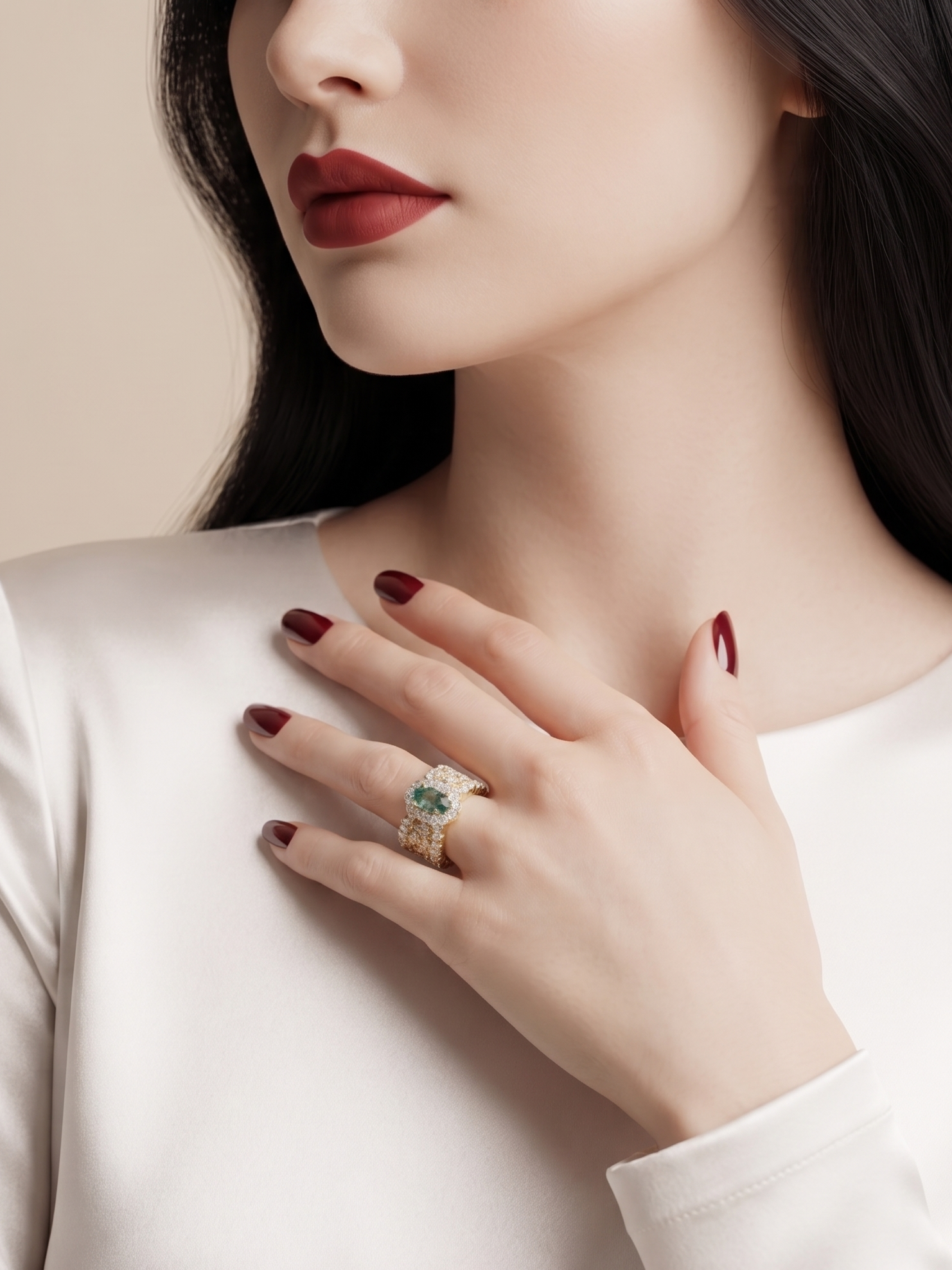 A close-up of a woman wearing a white satin long-sleeve top, showcasing a gold ring with a green gemstone on her finger against a soft beige background.