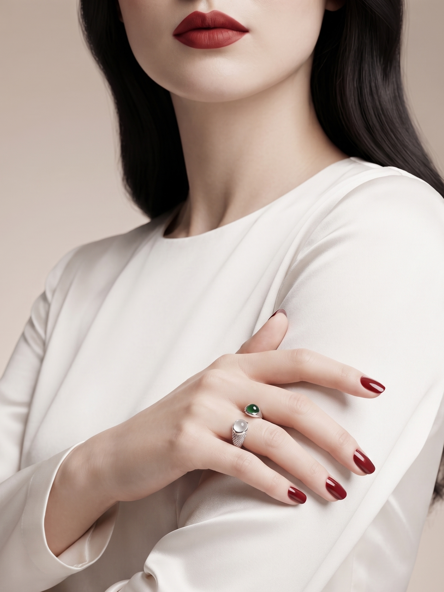 A close-up of a woman wearing a white long-sleeve top, showcasing a silver ring with a green gemstone on her finger. She has dark hair, red lipstick, and red manicured nails, set against a soft beige background.