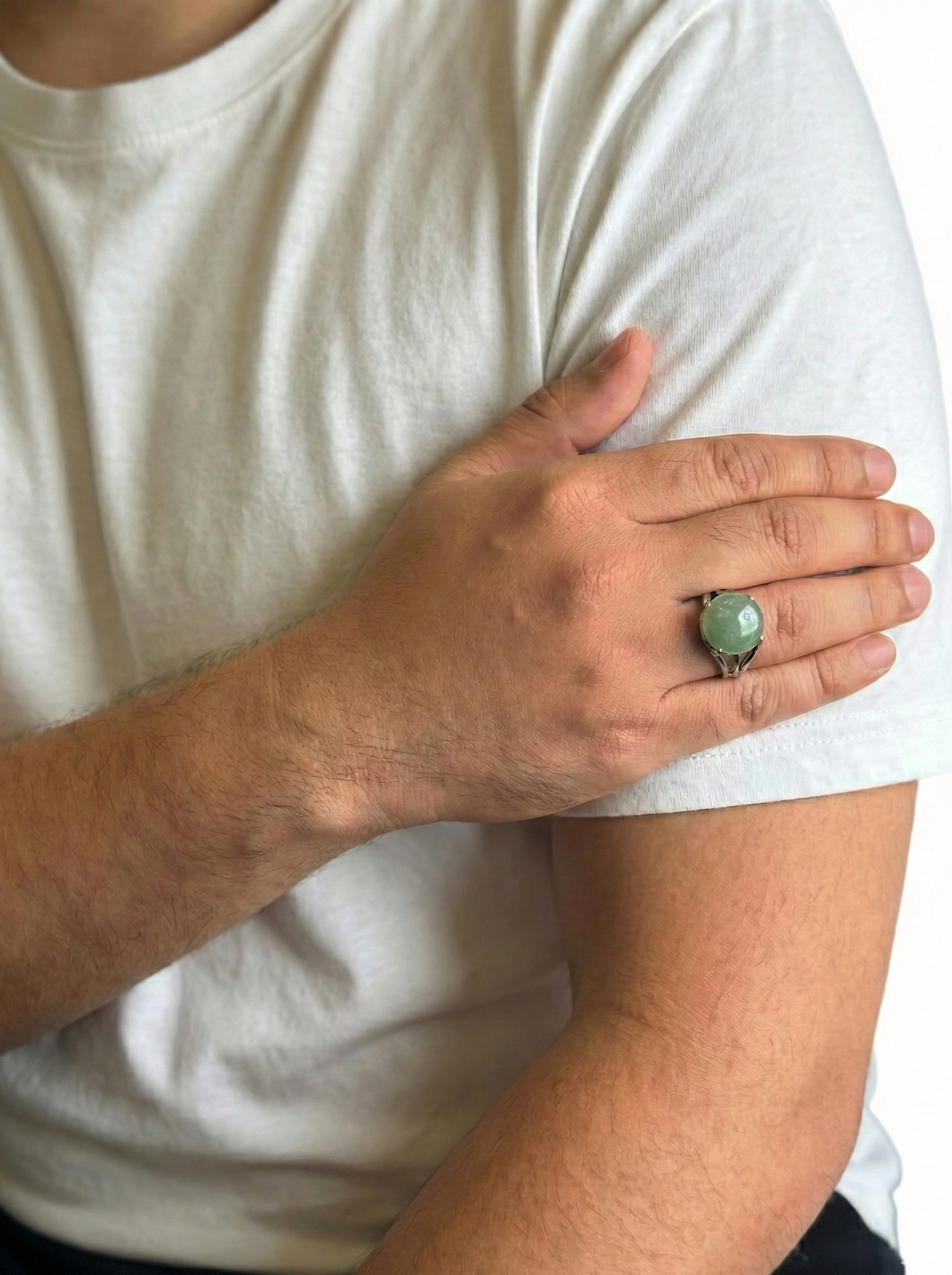 Green Jade Male Ring Natural Stone Silver Finish