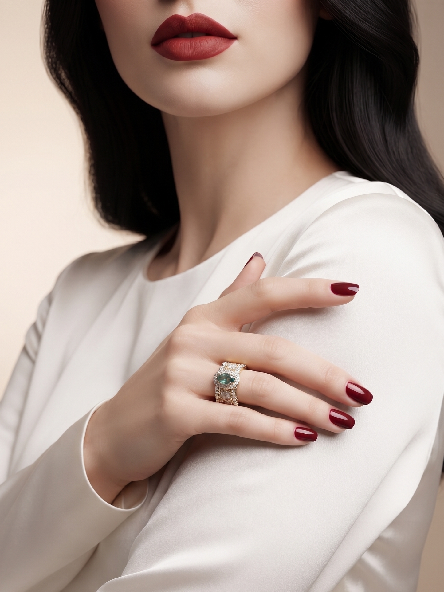 A close-up of a woman wearing a white satin long-sleeve top, showcasing a gold ring with a green stone on her finger. She has dark hair, dark red nail polish, and is posed against a soft beige background.