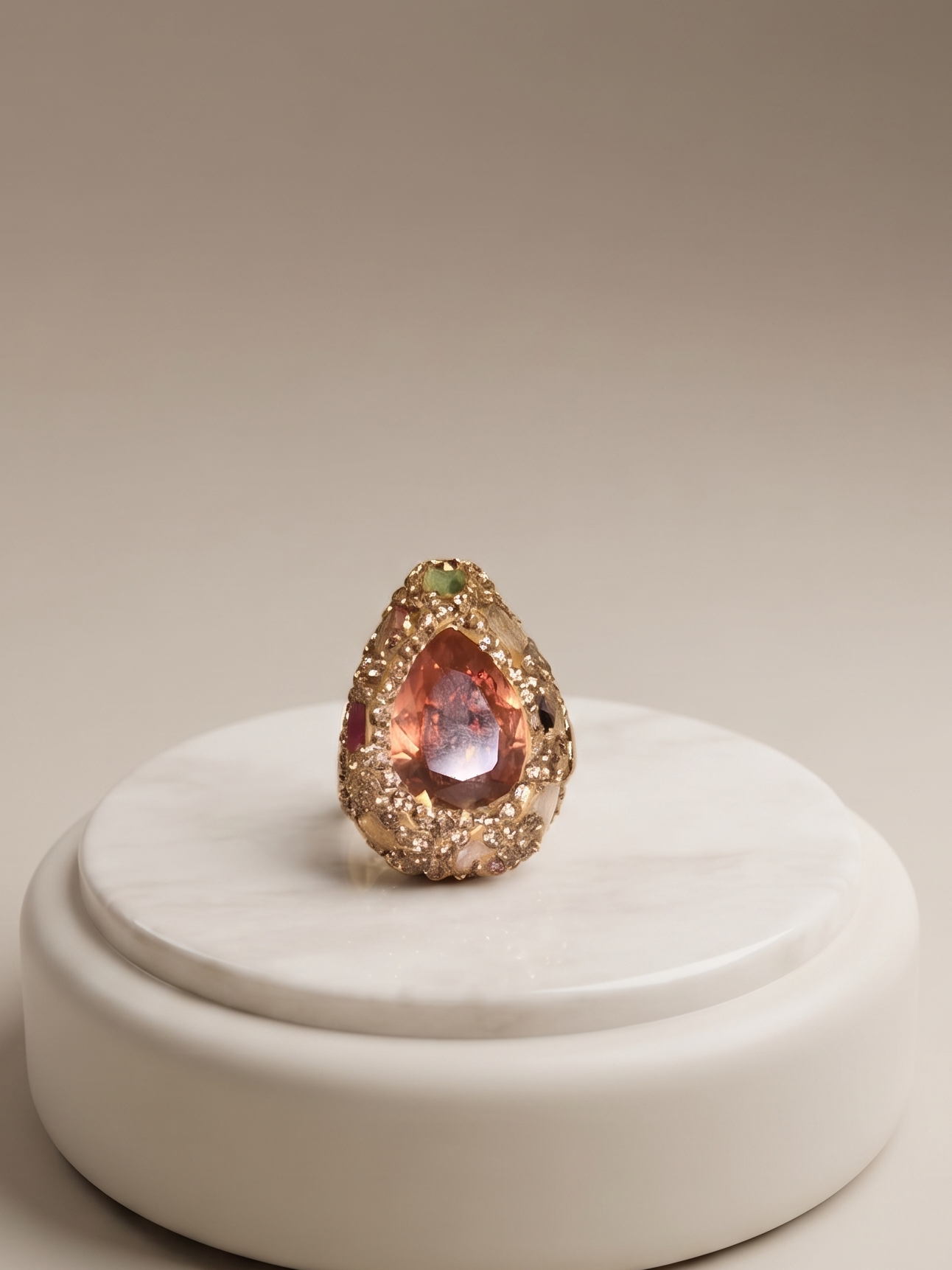 A teardrop-shaped ring with a large iridescent pink gemstone surrounded by gold-toned pavé and small clear stones, displayed on a round white pedestal against a warm beige studio background.