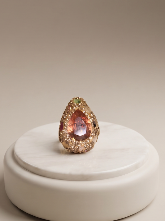 A teardrop-shaped ring with a large iridescent pink gemstone surrounded by gold-toned pavé and small clear stones, displayed on a round white pedestal against a warm beige studio background.
