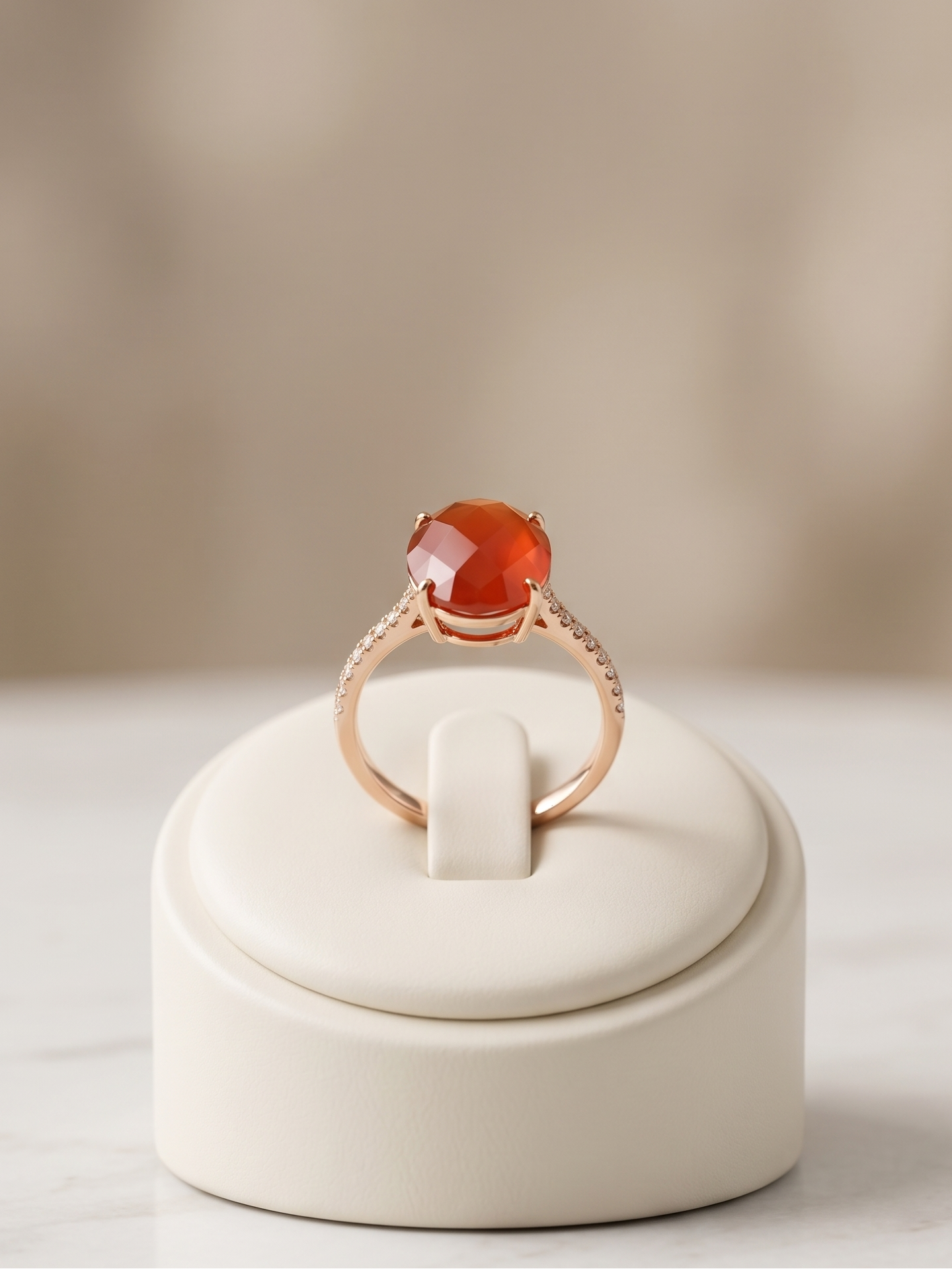 A rose gold ring with a round orange-red cabochon gemstone, displayed on a cream-colored jewelry stand on a light marble surface.