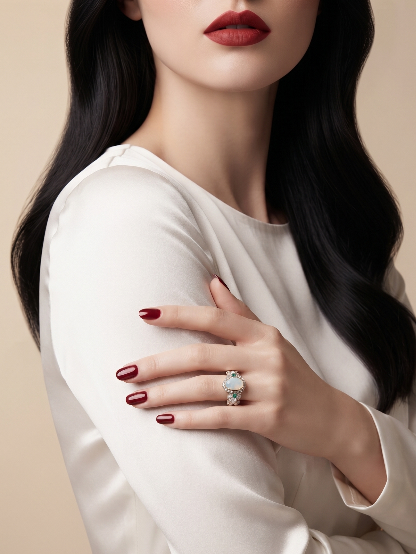 A close-up of a woman wearing a cream satin long-sleeve top and a silver ring with a large clear center stone, set against a warm beige background.
