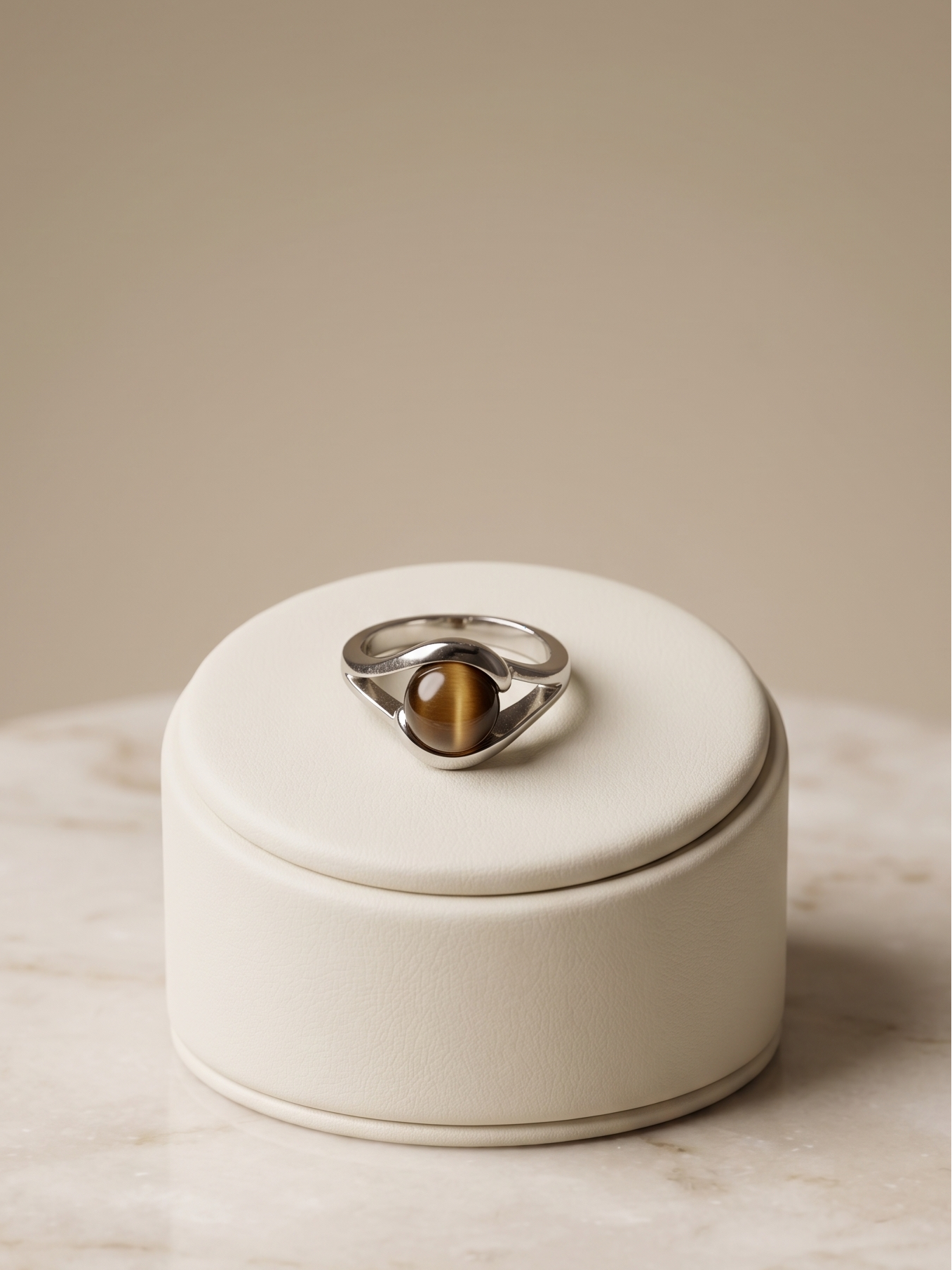 A silver ring with a polished tiger's eye stone sits centered on a small round cream-colored jewelry box, which is placed on a light marble surface against a warm beige background.