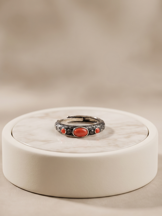 Vintage silver-tone ring featuring genuine Red Coral gemstones with engraved decorative detailing.