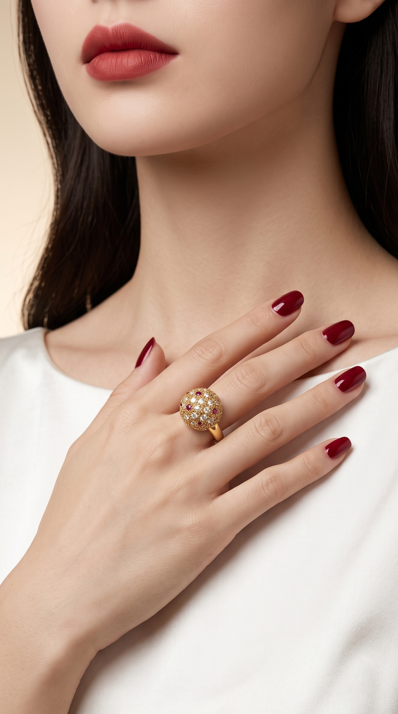 A close-up lifestyle shot of a woman wearing a gold ring with a round, diamond-like cluster setting on her finger, styled with dark red nail polish and a white top against a soft beige background.