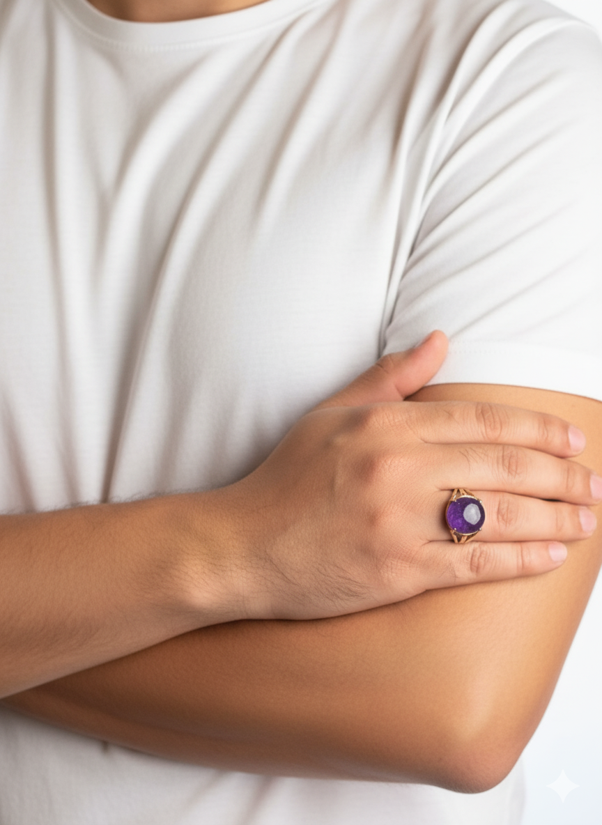 Close-up of a person wearing a ring with a purple gemstone on a white background