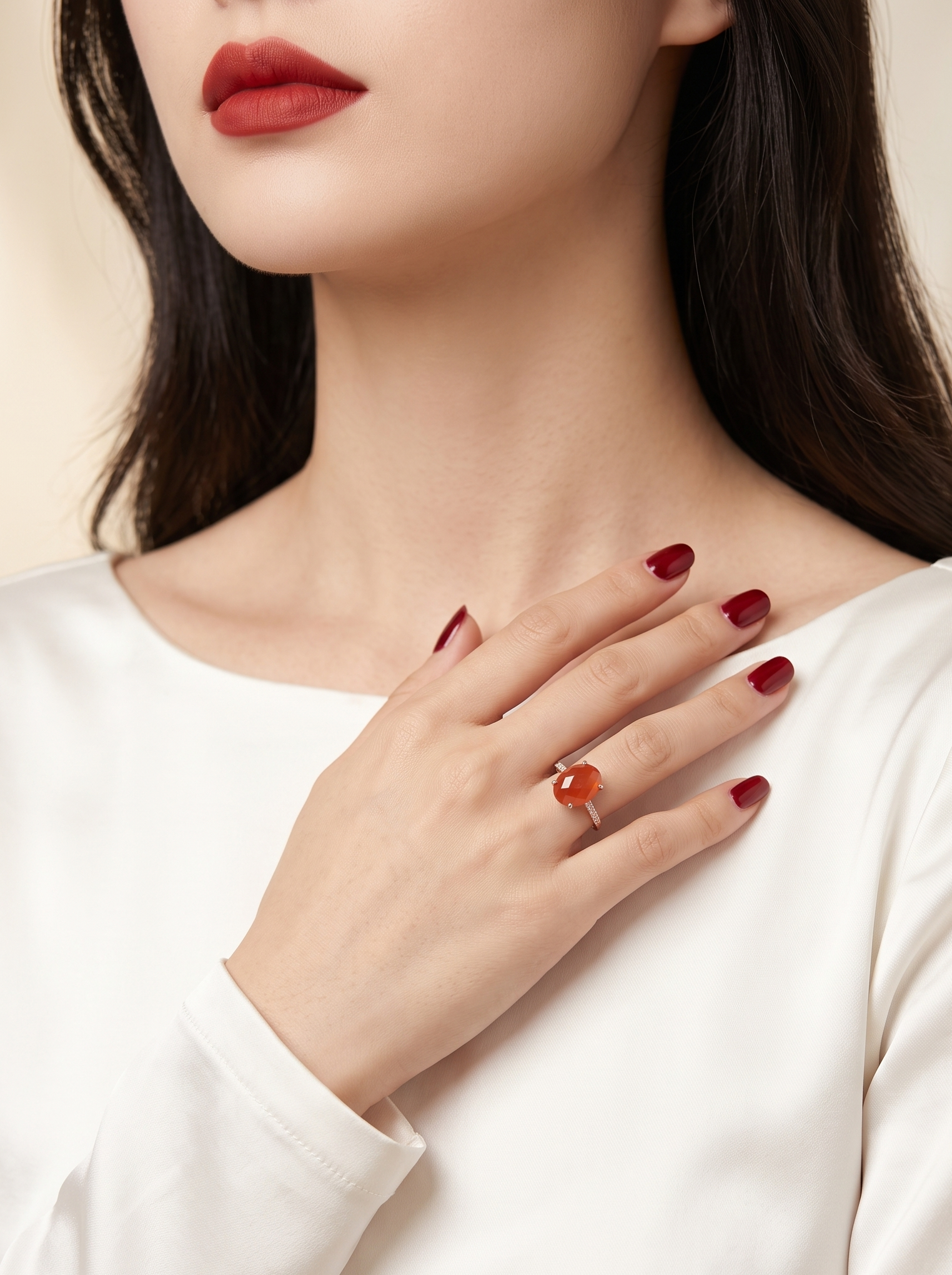 A close-up lifestyle shot of a woman wearing a silver ring with a round orange cabochon stone, styled with dark red nail polish and a white satin top.
