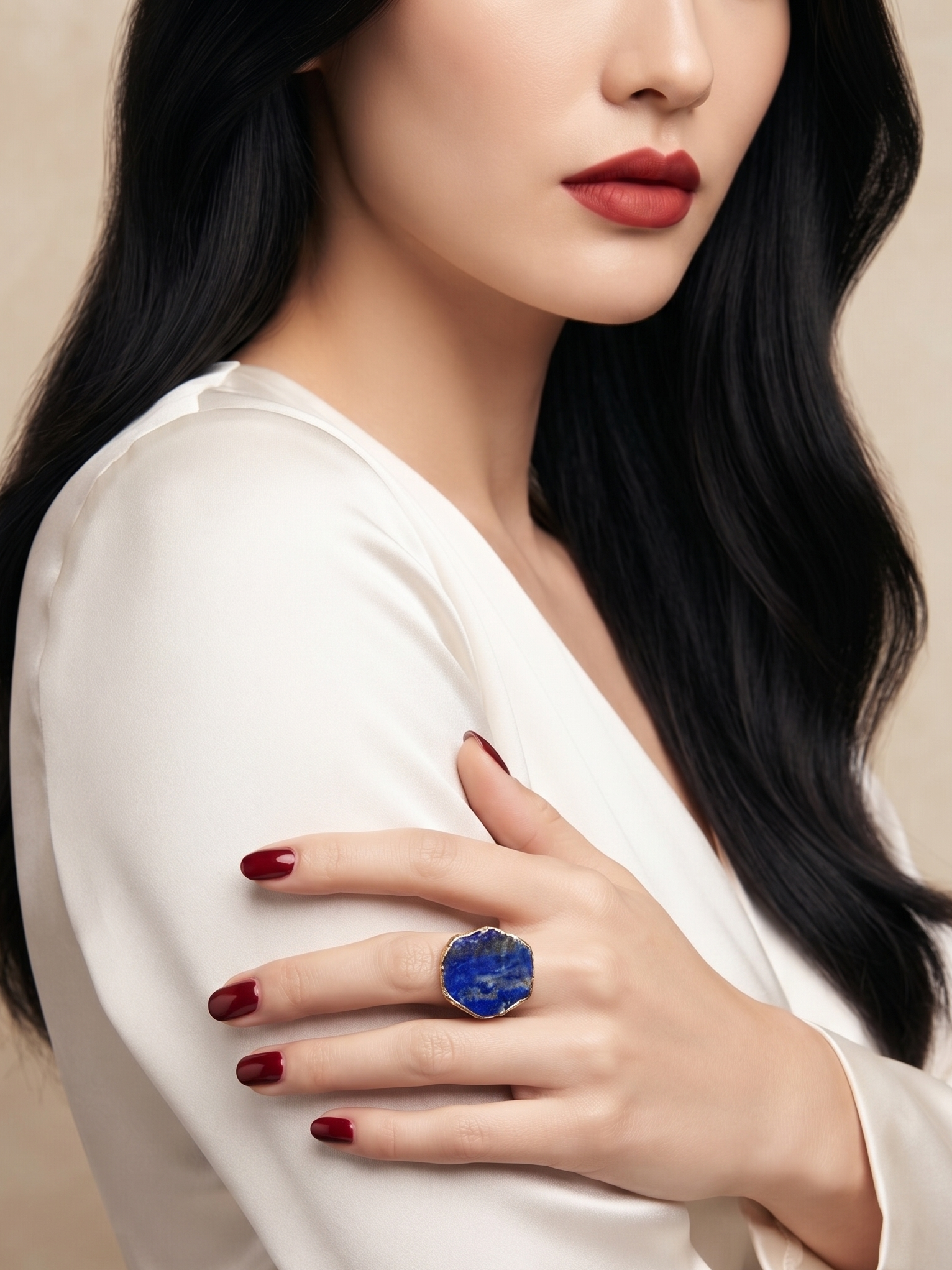 A close-up of a woman wearing a large statement ring with a deep blue oval stone on her hand, styled with a white satin top against a soft beige background.