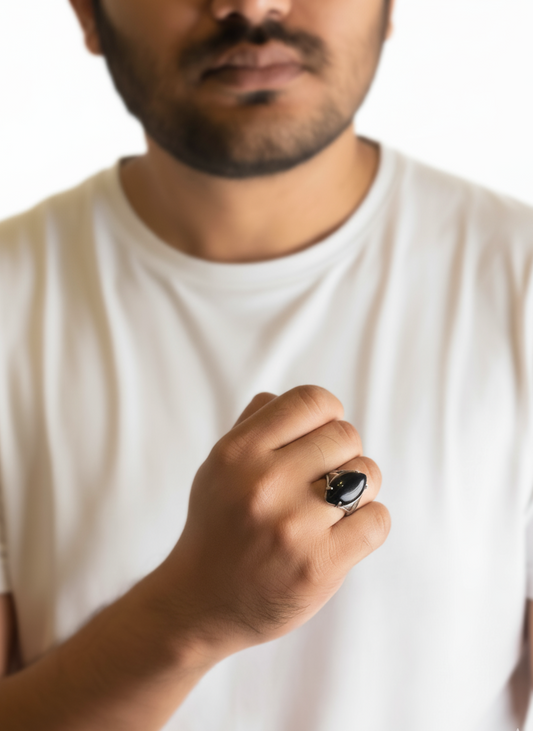 Black Obsidian Male Ring Natural Stone Silver Finish