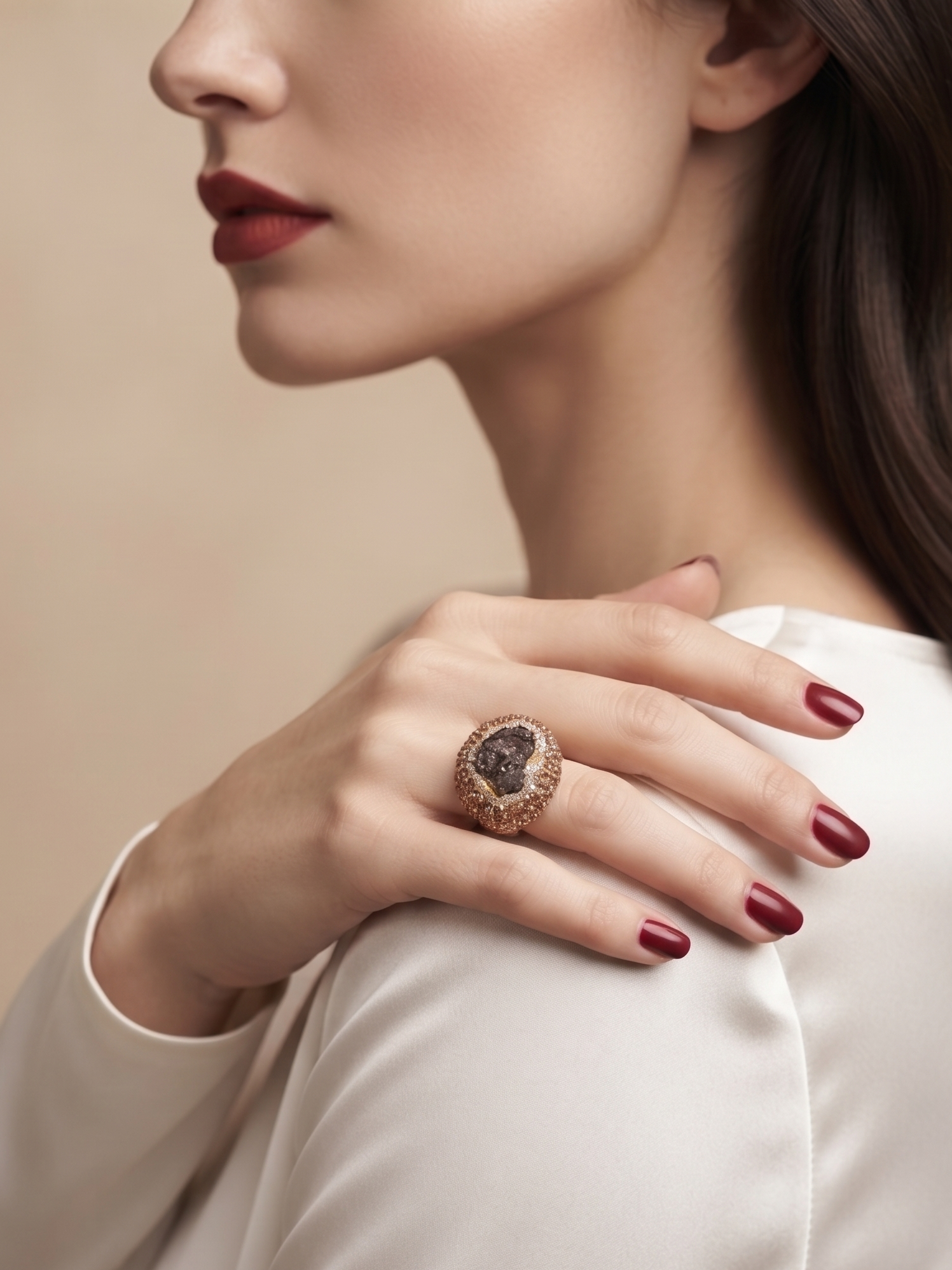 A close-up lifestyle shot of a woman wearing a large statement ring on her hand, resting on her shoulder. The ring features a prominent dark, textured central stone surrounded by a textured rose gold or coppery-gold halo.