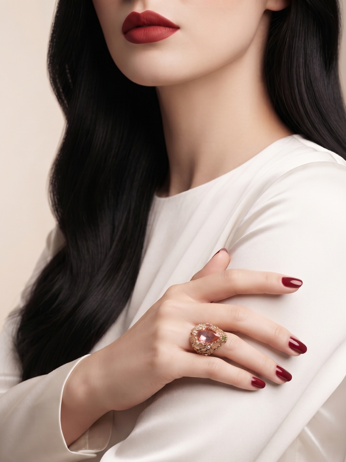 A close-up of a woman wearing a large statement ring with a central pinkish-red stone and gold-toned setting, styled with a white satin top against a soft beige background.