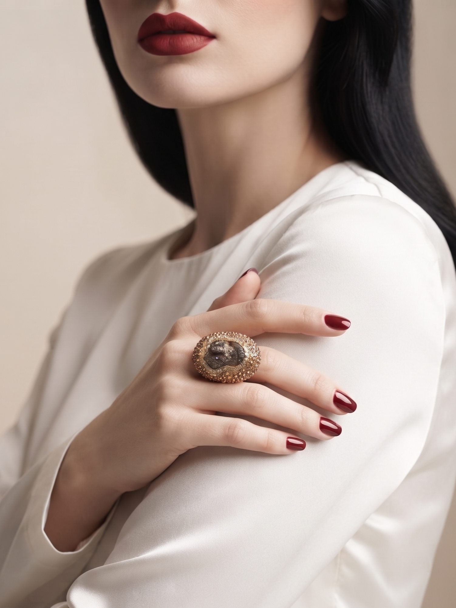 A close-up of a model wearing a large, ornate gold ring with a dark oval centerpiece on her hand, which is resting on her shoulder. She is wearing a white satin long-sleeve top and has dark red lipstick and nail polish against a soft beige background.