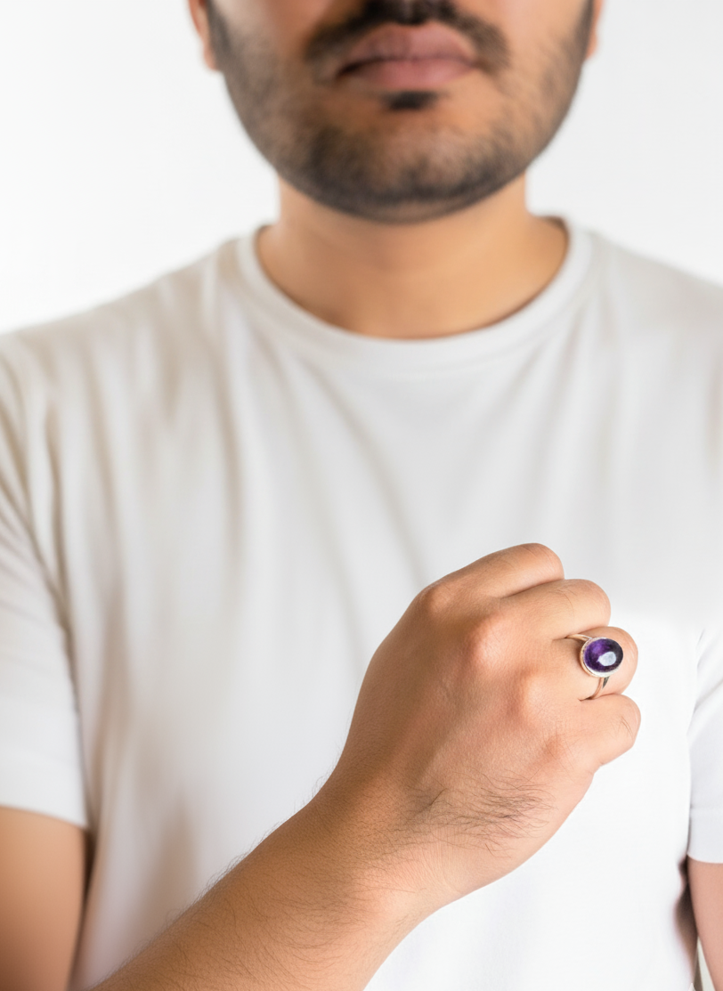 Man wearing a white t-shirt holding a small purple object.