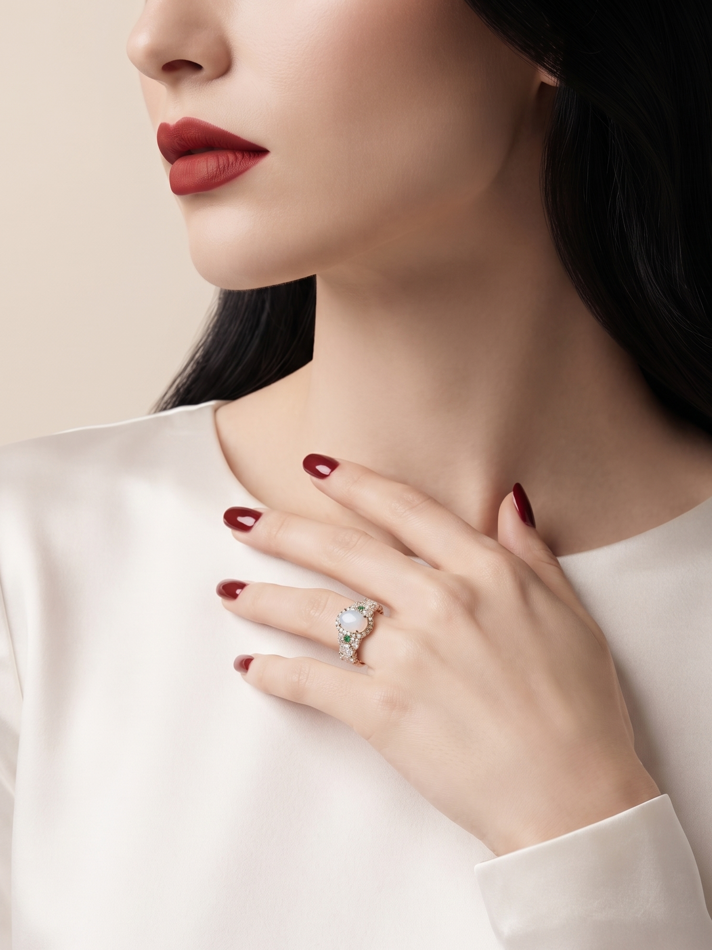 A close-up lifestyle shot of a woman wearing a silver ring with a heart-shaped clear gemstone on her finger, paired with a white satin blouse and dark red lipstick.