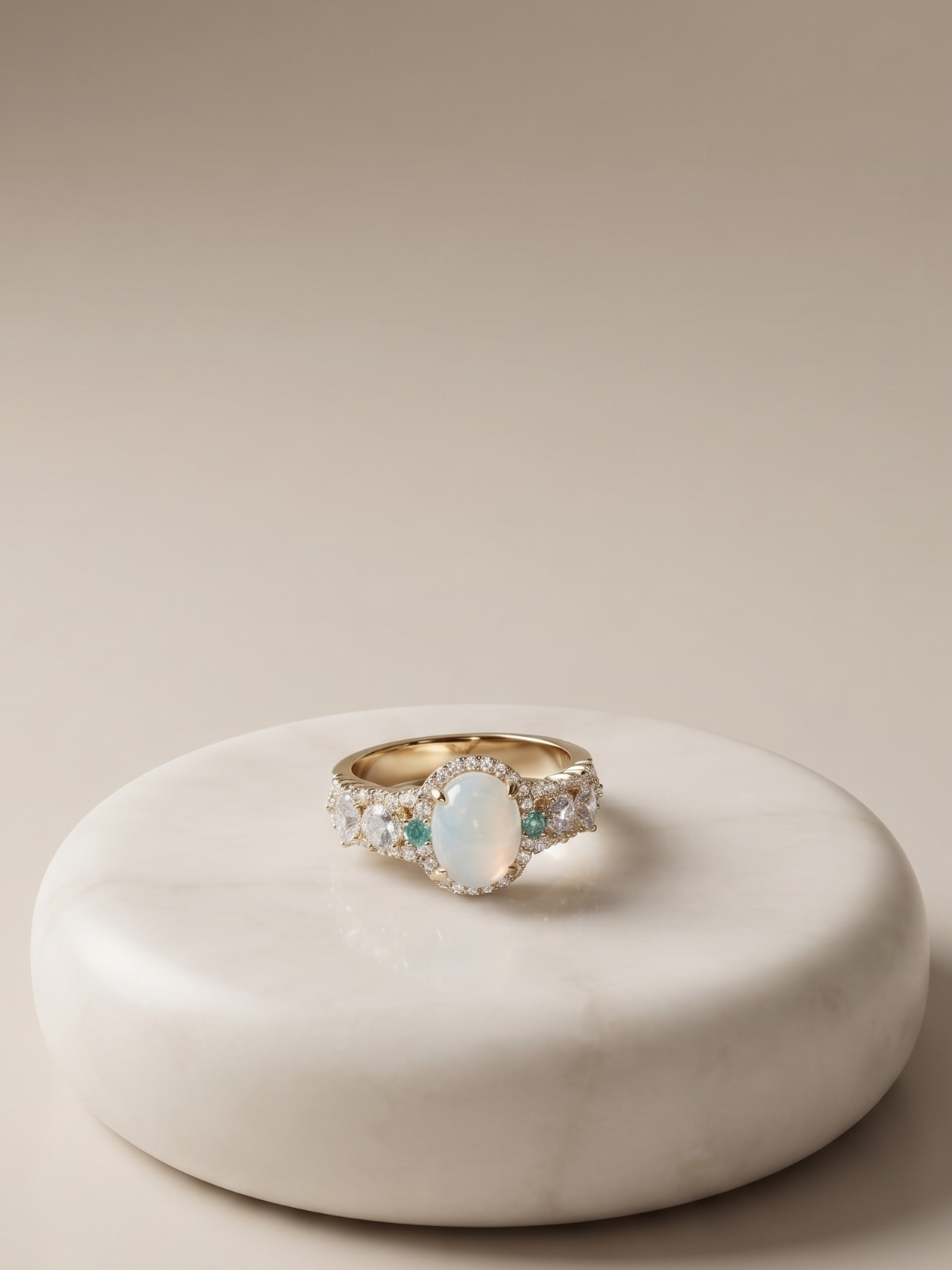A gold ring with a large oval white opal center stone and small clear accent stones, displayed on a round white marble pedestal against a warm beige background.