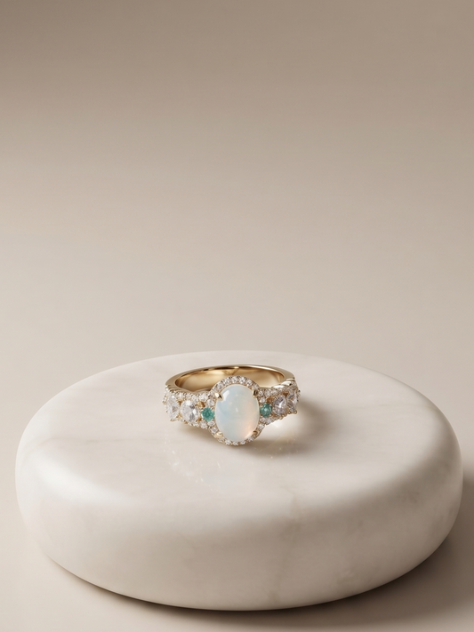 A gold ring with a large oval white opal center stone and small clear accent stones, displayed on a round white marble pedestal against a warm beige background.