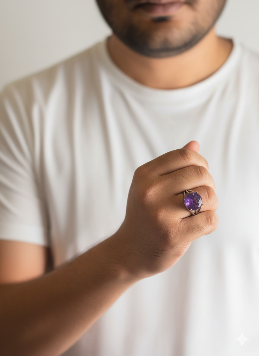 Person wearing a white t-shirt with a purple ring on a plain background