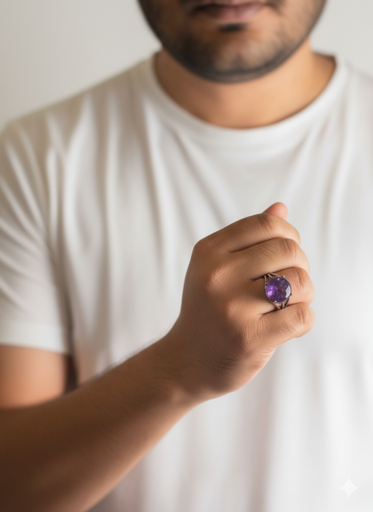 Person wearing a white t-shirt with a purple ring on a plain background